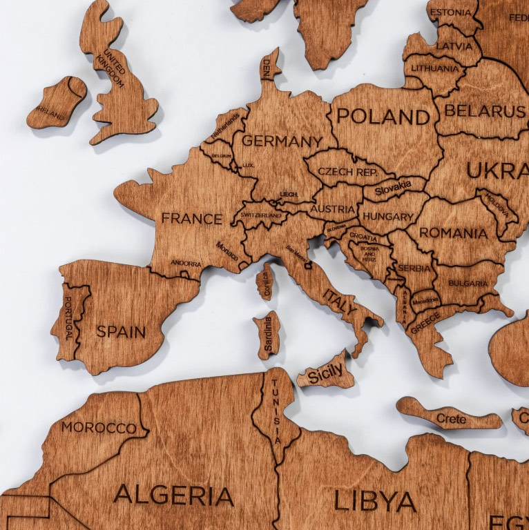 نقشه چوبی جهان بلوط رنگی - قاره ها