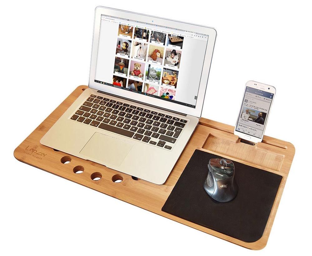 پد لپ تاپ در تخت ساخته شده از چوب + پایه تلفن همراه