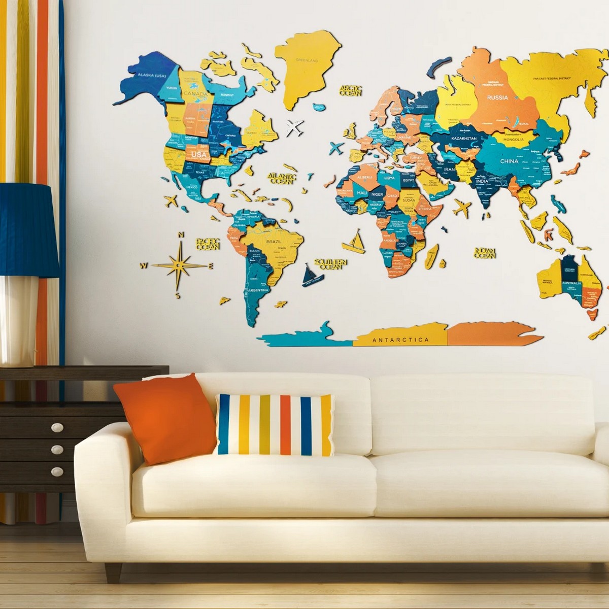 نقشه رنگی روی دیوار چوبی سه بعدی