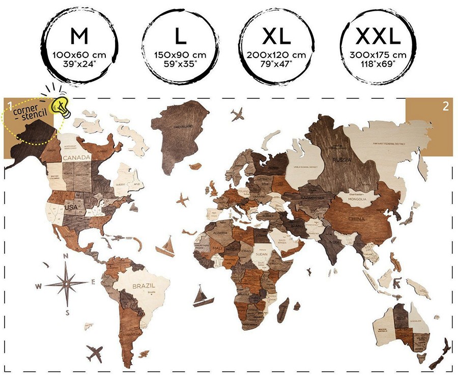 نقاشی سه بعدی چوبی نقشه جهان سایز XXL