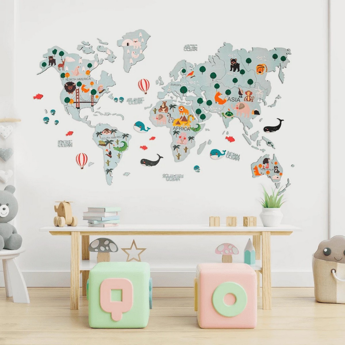 نقشه جهان چوبی 2 بعدی کودکان روی دیوار